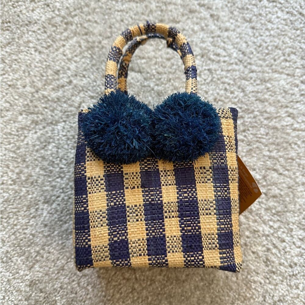 Shebobo Straw Woven Check Pom-Pom Tote Bag - Navy & Natural